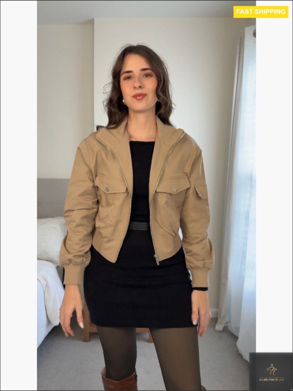 Cropped Bomber Jacket Lightweight Zip Up Stand Collar Casual Streetwear Chic - Picture 7 of 7